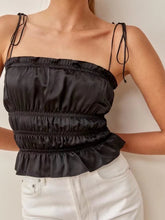 Amoi Français Rétro Élastique Taille Serrant Soie Satin Texture Bretelles Spaghetti Poitrine Wrap Extérieur Débardeur Sangle Cravate